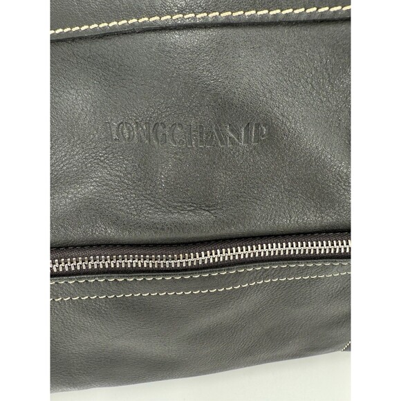 LONG CHAMP Charcoal Gray Leather Shoulder Bag Exterior Pocket 9.75"x13.75x4.25" - Picture 2 of 16